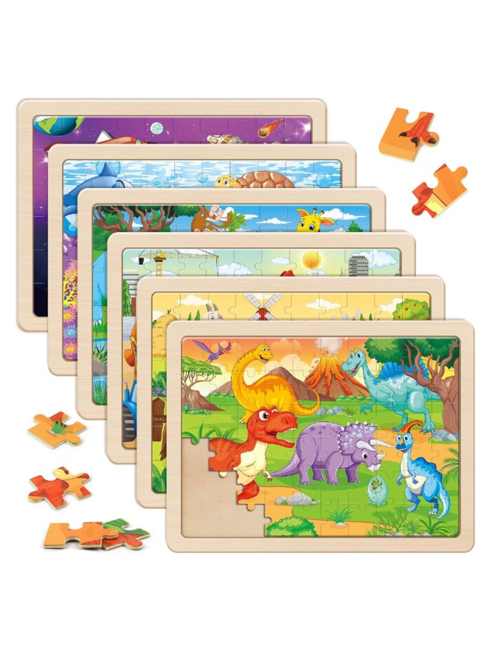 6-Pack Wooden Jigsaw Puzzles for Kids 60-Piece Educational Toy Set